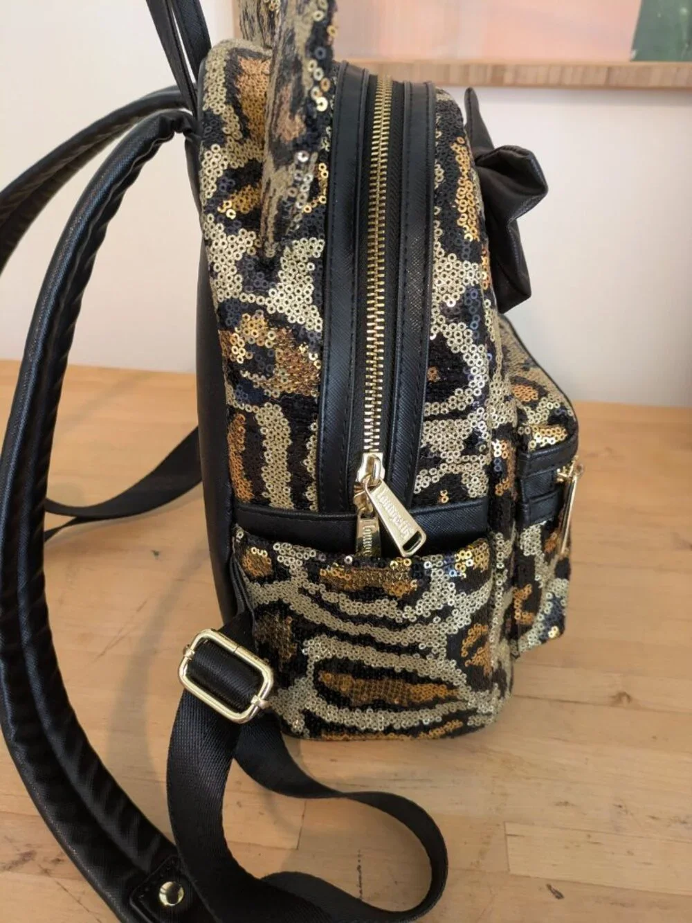 Sequined Animal Kingdom Black Gold Disney Loungefly Backpack w Bow EUC